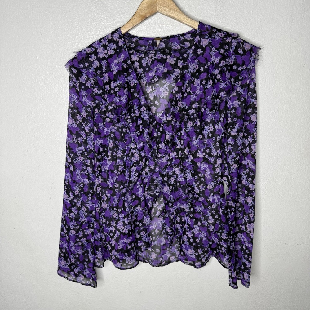 Free People Nina Purple Floral Long Sleeve Button Up Top V-neck Women's XS